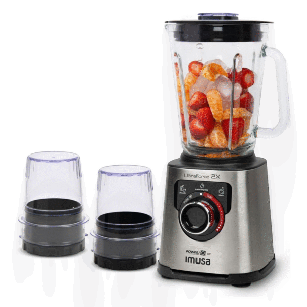 Licuadora IMUSA Ultraforce 2X, 1100W, Vaso Vidrio 2L, Picatodo y Molino