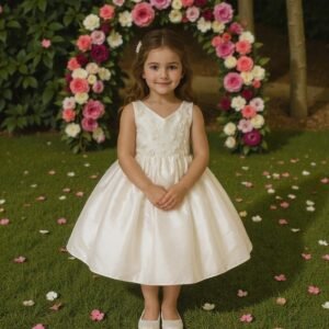 Vestido Satinado Marfil con Detalles Florales - Junior