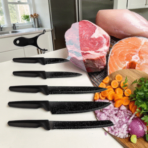 Set de Cuchillos 6 Piezas Antiadherentes Negro Granito + Pelador