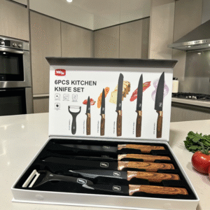 Set de Cuchillos de Cocina 6 Piezas con Pelador – Acabado Negro y Mango Tipo Madera