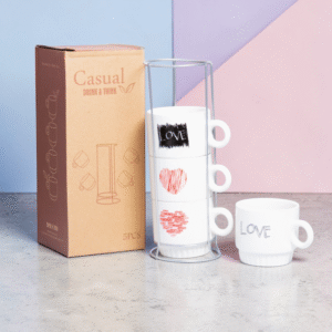 Set de 4 Tazas Apilables “Love” con Soporte Metálico