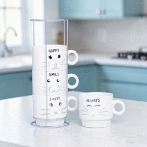 Set de 4 Tazas Apilables “Cat Mood” con Soporte Metálico