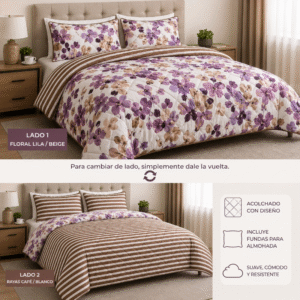 Acolchado Doble Faz Floral Lila y Beige