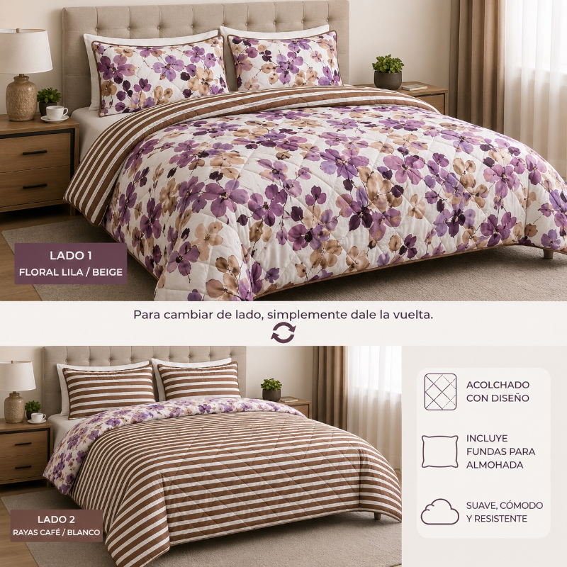 Acolchado Doble Faz Floral Lila y Beige