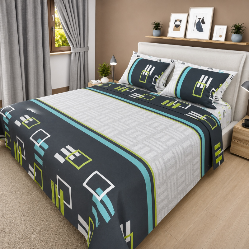 Sábana Estampada Geométrica Gris - Cama Doble