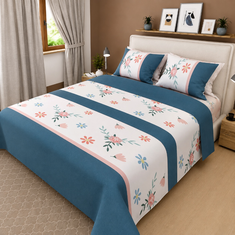 Sábana Estampada Floral Azul Petróleo - Cama King