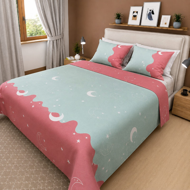 Sábana Estampada Luna y Estrellas Rosa Menta - Cama King