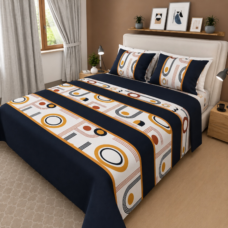 Sábana Estampada Geométrica Azul Navy - Cama King