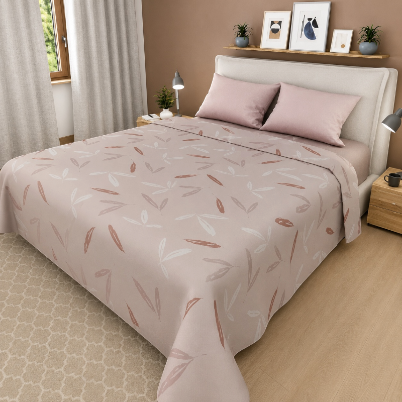 Sábana Estampada Hojas Beige Palo de Rosa - Cama Doble