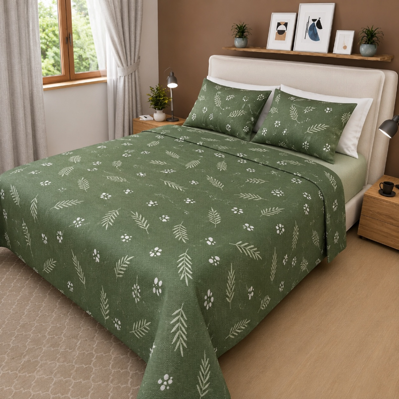 Sábana Estampada Hojas Verde Oliva - Cama King