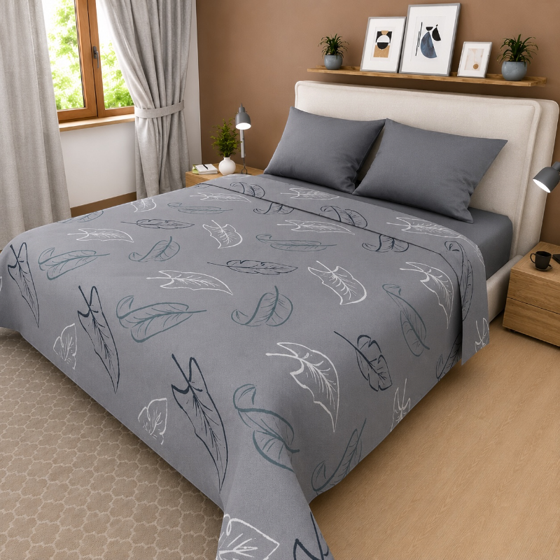 Sábana Estampada Plumas Gris - Cama King