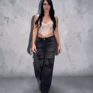 Jeans Dama Wide Leg Gris con Rotos
