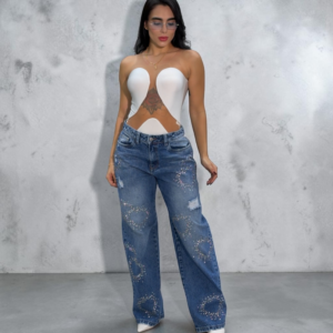 Jeans Dama Wide Leg con Pedrería