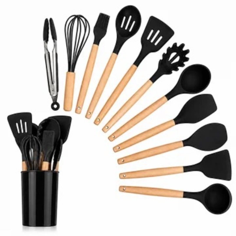 Set de Utensilios de Cocina con Mangos de Madera y Soporte - Image 7