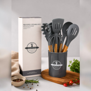 Set de Utensilios de Cocina con Mangos de Madera y Soporte
