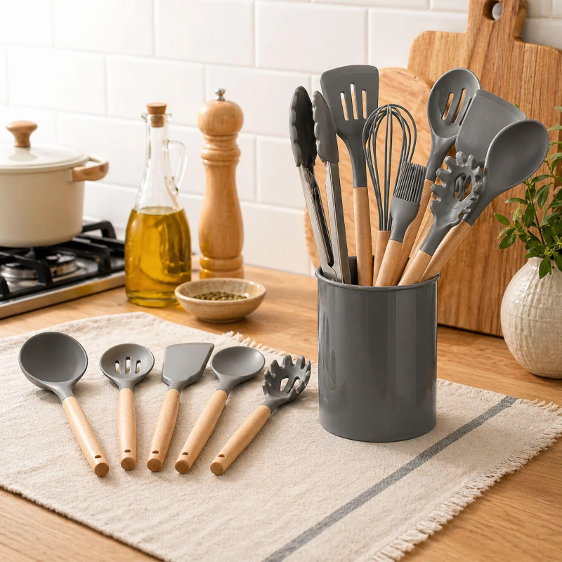 Set de Utensilios de Cocina con Mangos de Madera y Soporte - Image 3